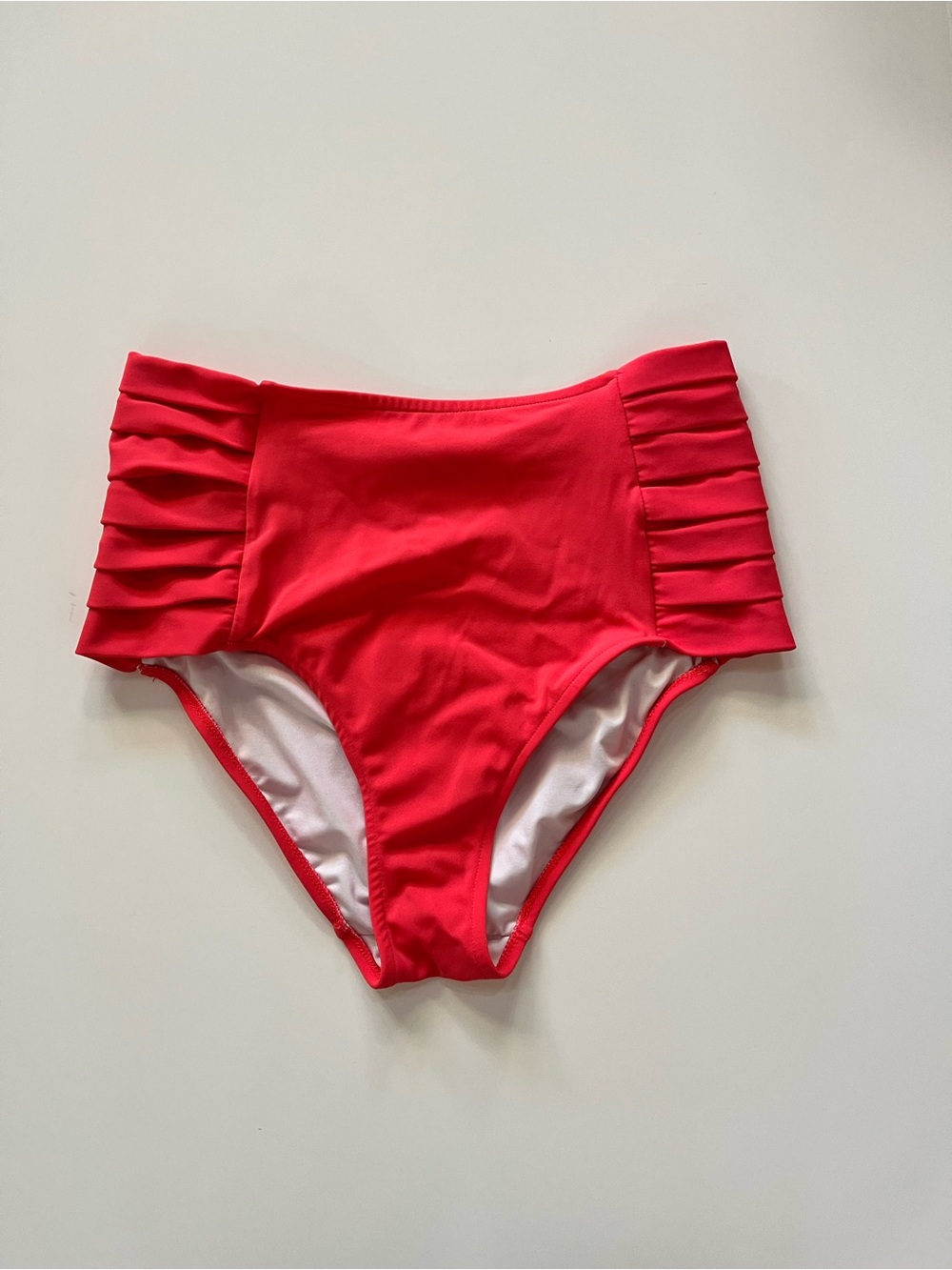 VENUS Coral Red High-Waist Bikini Bottom Side Pleats, size 8